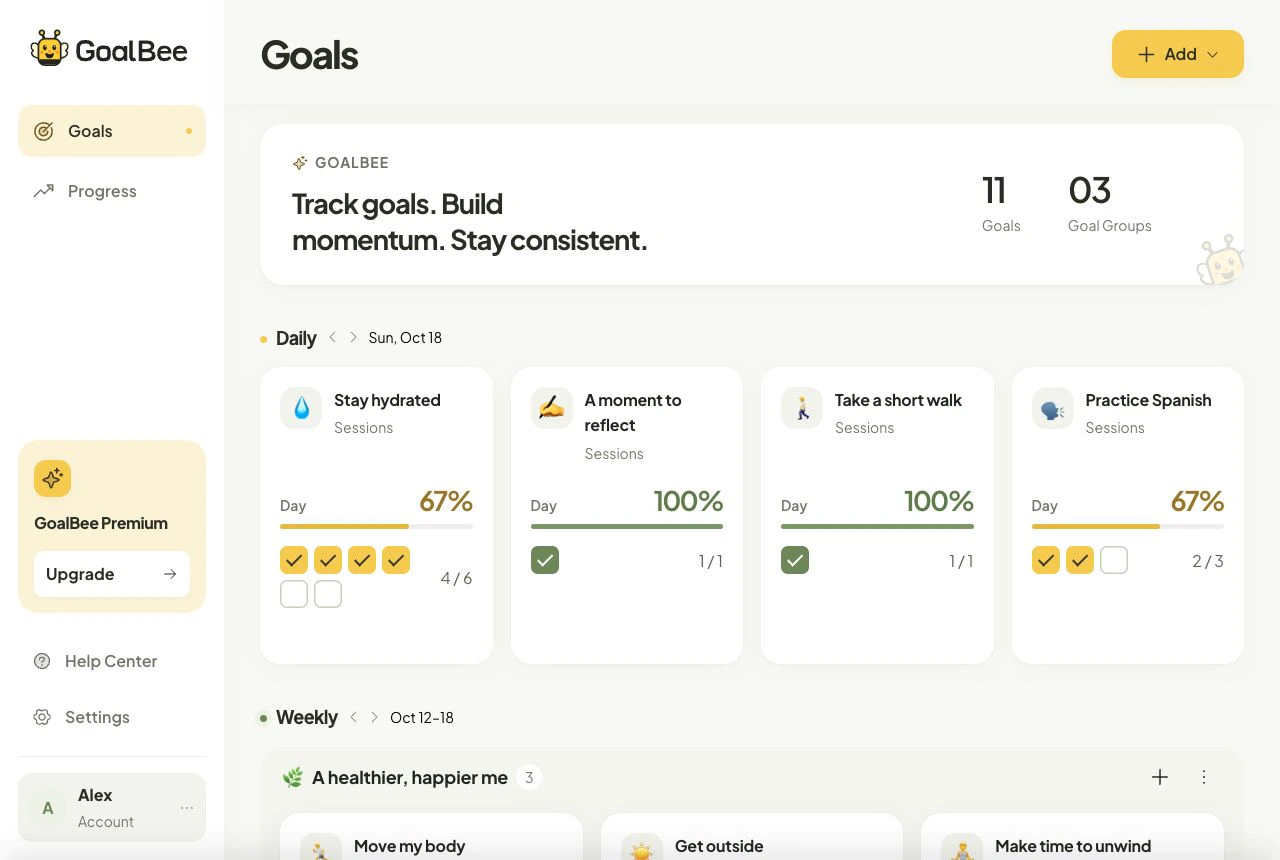 Goals · Light · Actual app · Sample goals