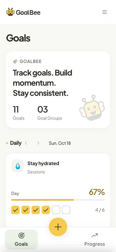 GoalBee, right on your Home Screen · Actual app · Sample goals